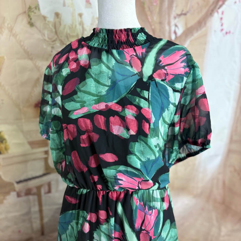 NEW Torrid Chiffon Green and Pink Ruched Midi Dress Fit and Flare - Picture 6 of 13